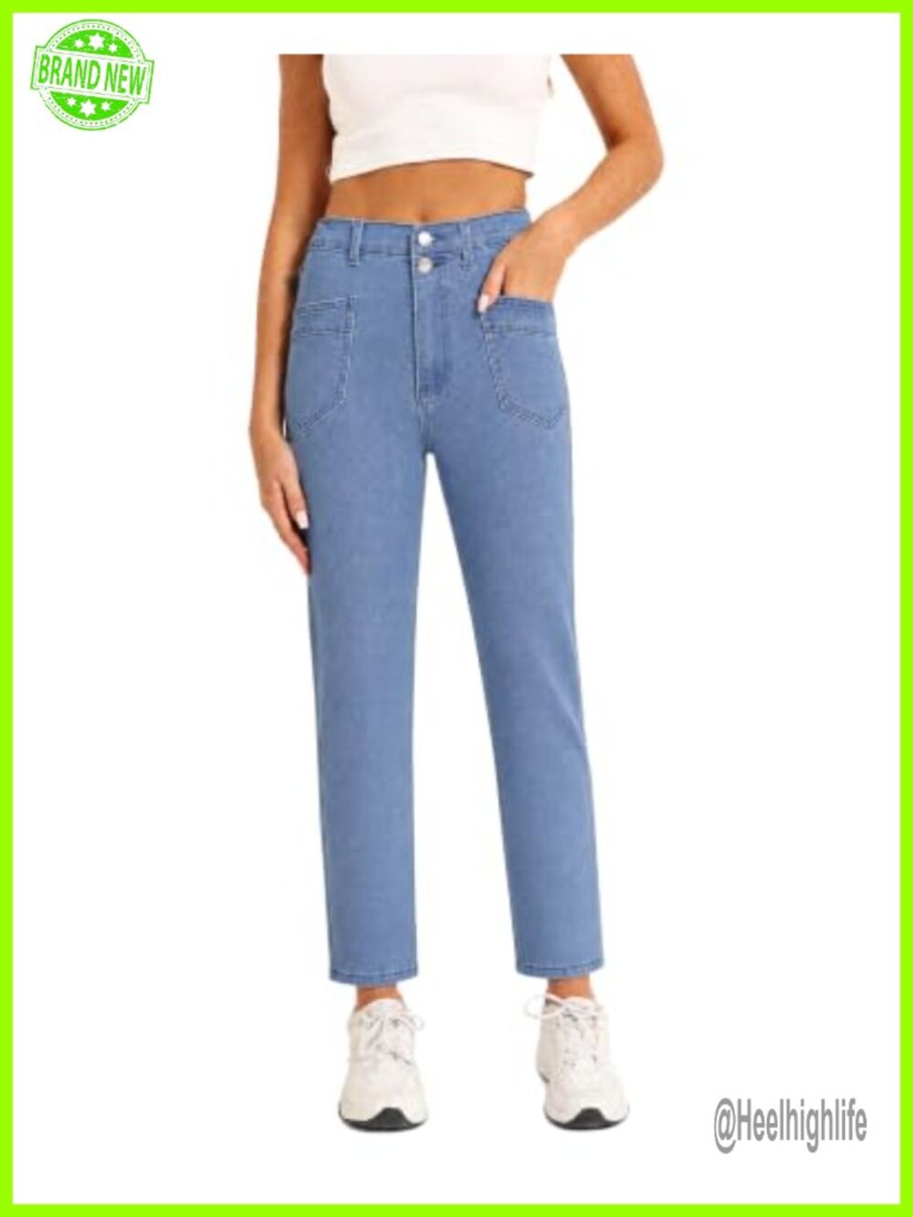 High Waisted Straight Leg Jeans Women Stretchy Denim Raw Hem